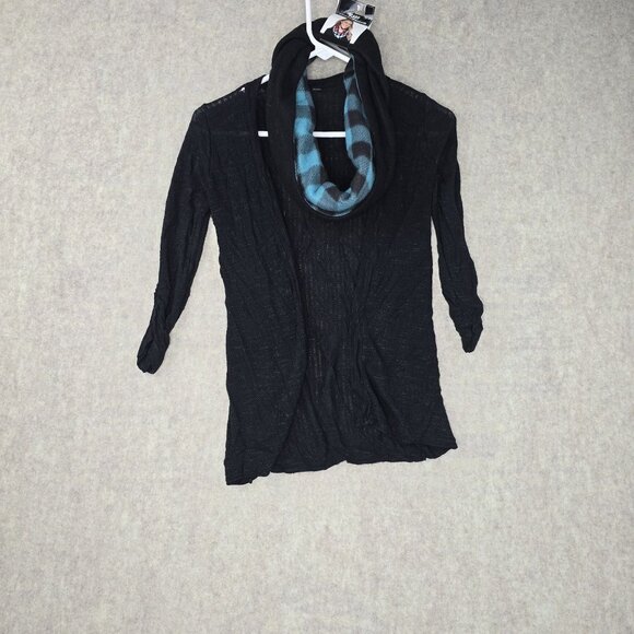 Black Open-Front Lightweight Cardigan With Blue & Black Plaid Infinity Scarf - Picture 1 of 9